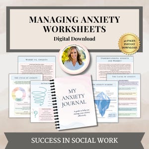 May include: A digital download of 40 pages of worksheets and a journal titled "My Anxiety Journal: A guide to help you manage your anxiety effectively." The worksheets include topics such as "Worry vs. Anxiety", "The Cycle of Anxiety", "Understanding Anxiety and Worry", "The Anxiety Iceberg", and "The Cause of Anxiety".