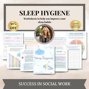 May include: A digital download of 21 printable worksheets for improving sleep hygiene. The worksheets include a self-care wheel, a sleep hygiene checklist, and a chart to track sleep habits. The worksheets are designed for social workers and feature a blue and white colour scheme with stars and a moon.