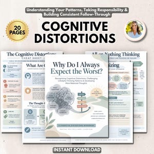 May include: A 20-page cognitive distortions workbook featuring a cover titled Why Do I Always Expect the Worst? with a tangled line graphic, a signpost, and pastel-colored pages detailing thinking patterns, cheat sheets, and exercises.
