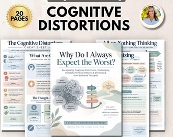 Cognitive Distortions Worksheets Bundle, CBT Visual Handout Therapy Workbook cbt coping skills thought restructuring Therapist Tool