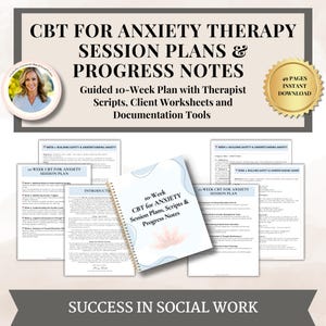 Könnte beinhalten: Digitaler Download eines 10-Wochen-CBT-Plans für Angsttherapie. Das Cover des Spiralbuchs zeigt den Titel und ein Blumendesign. Enthält Therapeuten-Skripte, Arbeitsblätter für Klienten und Dokumentationswerkzeuge.