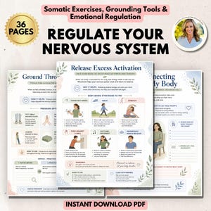 Op de afbeelding: Een 36-pagina tellende digitale PDF-gids getiteld Regulate Your Nervous System, met somatische oefeningen, grounding-tools en strategieën voor emotionele regulatie. De pagina's bevatten geïllustreerde lichaamsgerichte technieken zoals het schudden van handen.