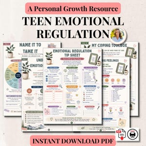 Peut inclure: Une ressource numérique intitulée Teen Emotional Regulation comprenant plusieurs pages imprimables avec du texte, des listes de contrôle et des illustrations de plantes en pot. Les feuilles incluent des sections pour nommer les émotions, des stratégies d'adaptation et des plans d'action.