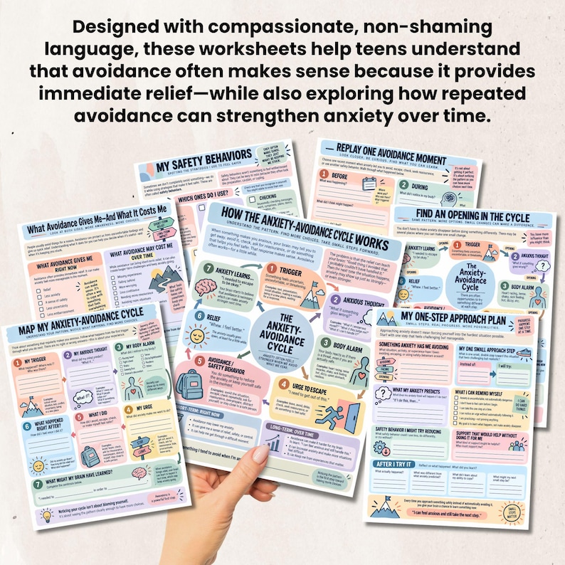 Anxiety Avoidance Cycle Worksheets for Teens, CBT Therapy Worksheets ...