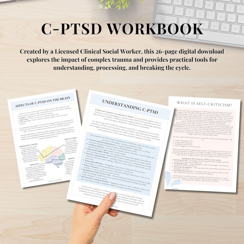 May include: A digital workbook titled "C-PTSD Workbook" created by a Licensed Clinical Social Worker. The workbook explores the impact of complex trauma and provides practical tools for understanding, processing, and breaking the cycle. The workbook includes sections on the affects of C-PTSD on the brain, understanding C-PTSD, and what is self-criticism.