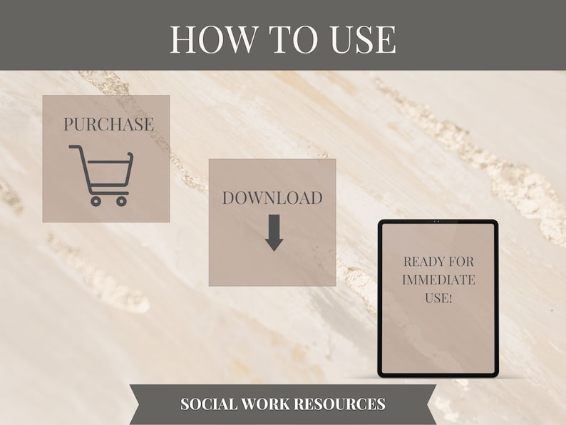 Op de afbeelding: Hoe sociale werkbronnen te gebruiken. Een afbeelding met een winkelwagenpictogram, een downloadpijl en een tablet met de tekst "Klaar voor direct gebruik!"