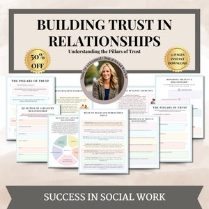 May include: A printable worksheet titled "Building Trust in Relationships: Understanding the Pillars of Trust". The worksheet is created by a licensed clinical social worker and includes exercises for building trust in relationships. The worksheet is available for instant download.