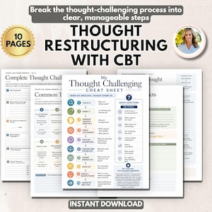 May include: A 10-page thought restructuring workbook with CBT worksheets. The cover page features the text 'My Thought Challenging Cheat Sheet' with a numbered list of steps from 1 to 10, including icons for catching, naming, and checking thoughts.