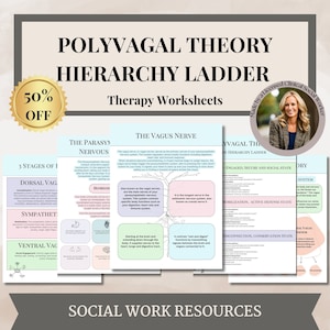 May include: A set of printable worksheets on the Polyvagal Theory Hierarchy Ladder. The worksheets are in color and feature illustrations of the nervous system. The text on the worksheets includes the terms "Dorsal Vagal", "Sympathetic", "Ventral Vagal", "Homeostasis", "The Vagus Nerve", "Engaged, Secure and Social State", "Mobilization, Active Defense State", "Disconnection, Conservation State", and "Polyvagal Theory Hierarchy Ladder".