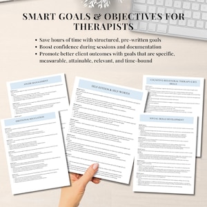 May include: A set of printable worksheets for therapists, with titles such as "Anger Management", "Emotional Regulation", "Self-Esteem & Self-Worth", "Cognitive Behavioral Therapy (CBT) Skills", and "Social Skills Development". Each worksheet includes a list of "SMART Goals" with descriptions.