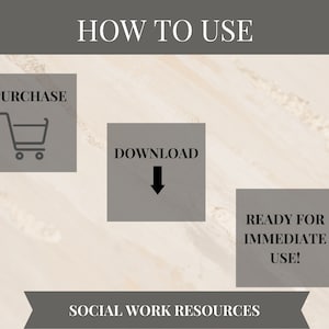 Peut inclure: Un graphique montrant comment utiliser les ressources de travail social. Les &eacute;tapes sont&nbsp;: acheter, t&eacute;l&eacute;charger et pr&ecirc;t &agrave; l&rsquo;emploi imm&eacute;diat. Le graphique comprend une ic&ocirc;ne de panier, une fl&egrave;che vers le bas et une zone de texte.