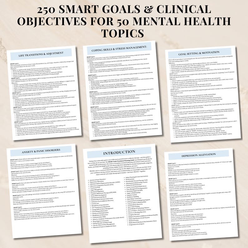 May include: A printable worksheet with 250 SMART goals and clinical objectives for 50 mental health topics. The topics include life transitions and adjustment, coping skills and stress management, goal setting and motivation, anxiety and panic disorders, depression alleviation, and an introduction to the topics.