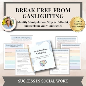 Puede incluir: Una descarga digital titulada "Break Free From Gaslighting" con el subtítulo "Identify Manipulation, Stop Self-Doubt, and Reclaim Your Confidence". La imagen incluye un cuaderno de espiral y varias hojas de trabajo. También es visible el texto "31 Pages Instant Download".