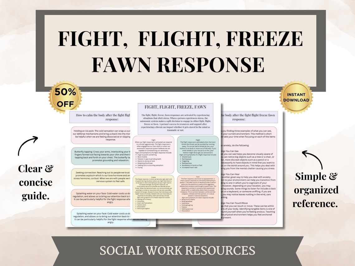 Fight Flight Freeze Fawn Therapy Worksheets, Stress Response, Fight or ...