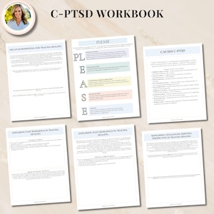 May include: A workbook titled "C-PTSD Workbook" with pages containing sections titled "Decatastrophizing for Trauma Healing", "Please", "Causes C-PTSD", "Exploring Past Resilience in Trauma Healing", and "Reframing Challenges, Shifting Perspective in Trauma Healing".