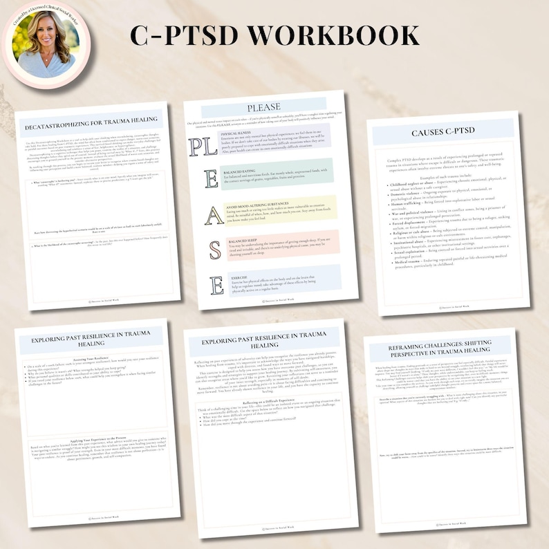 May include: A workbook titled "C-PTSD Workbook" with pages containing sections titled "Decatastrophizing for Trauma Healing", "Please", "Causes C-PTSD", "Exploring Past Resilience in Trauma Healing", and "Reframing Challenges, Shifting Perspective in Trauma Healing".