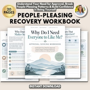 May include: A 20-page people-pleasing recovery workbook titled Why Do I Need Everyone to Like Me? The cover features a mountain landscape illustration with a sun, foliage, and text about breaking patterns and building confidence.