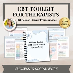 May include: A blue and white illustrated cover of a therapist toolkit for CBT session plans and progress notes. The cover features a brain with a heart inside. The title "Therapist Toolkit: CBT Session Plans & Progress Notes" is written in black text. The text "Success in Social Work" is written in black text at the bottom of the cover.