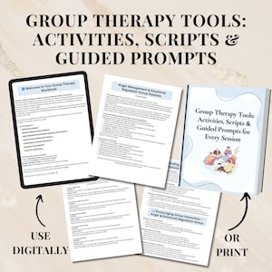 May include: A digital download of a workbook for group therapy sessions. The workbook includes activities, scripts, and guided prompts for every session. The cover of the workbook features a group of people sitting in a circle. The text on the cover reads "Group Therapy Tools: Activities, Scripts & Guided Prompts for Every Session".