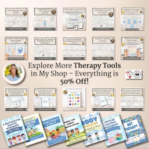 May include: A selection of therapy resources, including workbooks, cheat sheets, and posters. Titles include "Teen Kids Life Skills Bundle," "Anxiety Coping Skills Cheat Sheet," and "Art Therapy." The image also features the text "Explore More Therapy Tools in My Shop - Everything is 50% Off!"