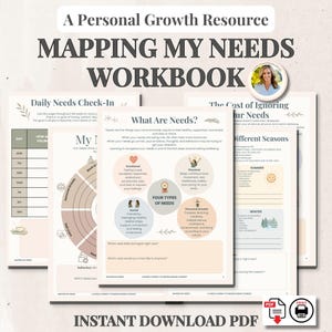 May include: A personal growth resource titled Mapping My Needs Workbook, featuring multiple pages of printable PDF worksheets. The pages include sections for Daily Needs Check-In, What Are Needs, and The Cost of Ignoring Your Needs.