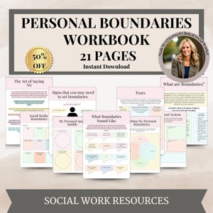 Peut inclure: Un classeur rose et vert intitul&eacute; "Personal Boundaries Workbook" avec le texte "21 Pages" et "T&eacute;l&eacute;chargement instantan&eacute;". Le classeur est destin&eacute; aux ressources de travail social et comprend des sections sur la d&eacute;finition des limites, les peurs et ce &agrave; quoi ressemblent les limites.