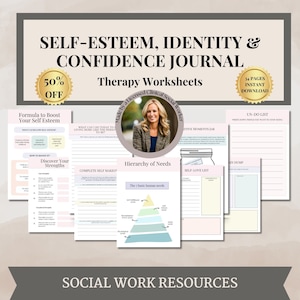 May include: A set of printable worksheets for self-esteem, identity, and confidence. The worksheets are designed to be used as a journal and include prompts for self-reflection and goal setting. The worksheets are made by a licensed clinical social worker.