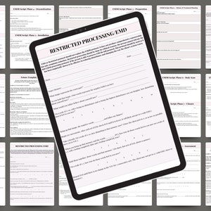 May include: A black and white digital tablet displaying a form titled "Restricted Processing EMD". The form includes a section for client information and a series of questions related to future plans, self-reflection, and emotional processing.
