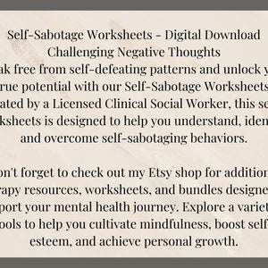 May include: Text-based digital download for self-sabotage worksheets. The text describes the worksheets as a tool to help understand, identify, and overcome self-sabotaging behaviours. The text also mentions that the worksheets were created by a licensed clinical social worker.