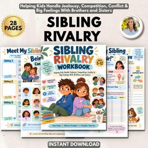 Peut inclure: Un cahier d'exercices de 28 pages sur la rivalité fraternelle pour les enfants de 5 à 12 ans. La couverture montre un garçon et une fille assis dos à dos avec du texte sur la gestion de la jalousie, de la compétition et des conflits.