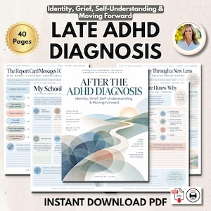Può includere: Un quaderno di esercizi riflessivo di 40 pagine intitolato After the ADHD Diagnosis: Identity, Grief, Self-Understanding & Moving Forward. La copertina mostra un sentiero tortuoso tra colline astratte verso un sole, con pagine interne con testo.
