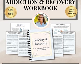 Peut inclure: Un classeur intitulé "Sobriété et rétablissement : Outils, stratégies et réflexions pour un changement durable" avec un motif floral rose et bleu. Le classeur est ouvert pour révéler des pages avec des titres tels que "Route vers le rétablissement", "Soutenir la sobriété avec une bonne prise de décision", "Maintenir la sobriété", "Surf sur les envies" et "Soutenir la sobriété avec une bonne prise de décision".