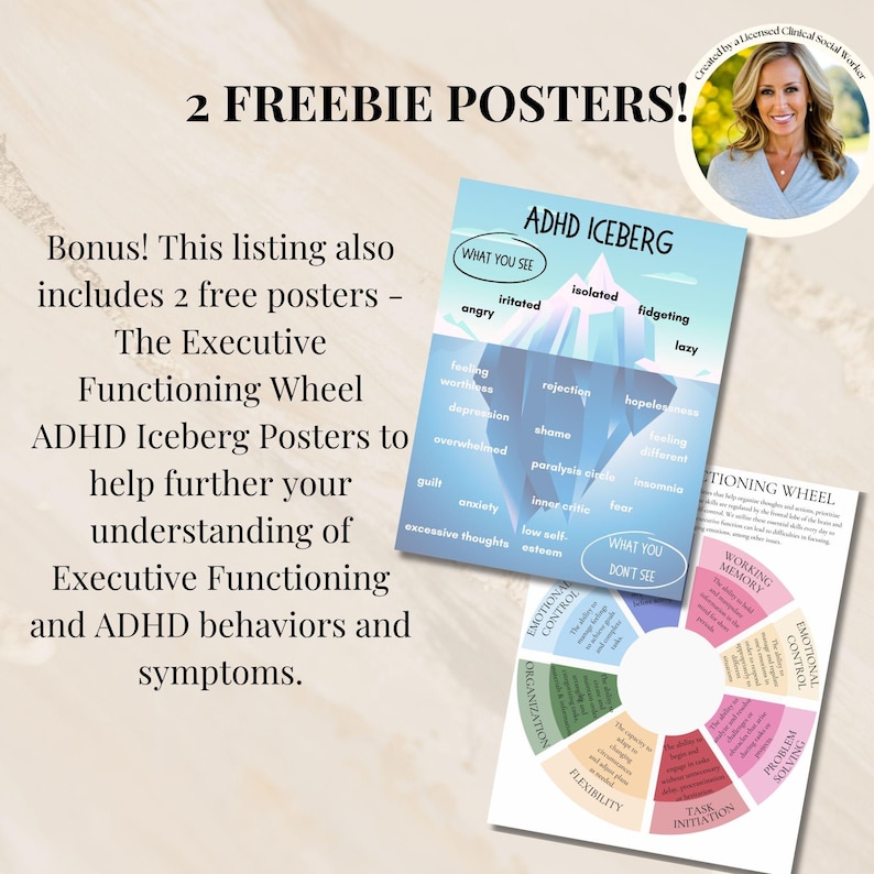 May include: Two freebie posters are displayed, one titled "ADHD ICEBERG" with a graphic of an iceberg and related symptoms. The other is a wheel chart labeled "Executive Functioning Wheel". Text on the image reads "2 FREEBIE POSTERS!"