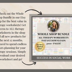 May include: A digital product bundle for social workers, featuring over 4,000 pages of therapy worksheets. The bundle includes instant downloads and is available for a limited time at $57. The image shows a collage of worksheets and a woman's headshot.