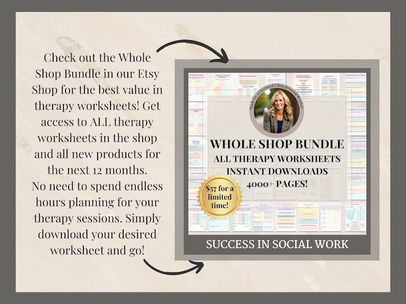 May include: A digital product bundle for social workers, featuring over 4,000 pages of therapy worksheets. The bundle includes instant downloads and is available for a limited time at $57. The image shows a collage of worksheets and a woman's headshot.