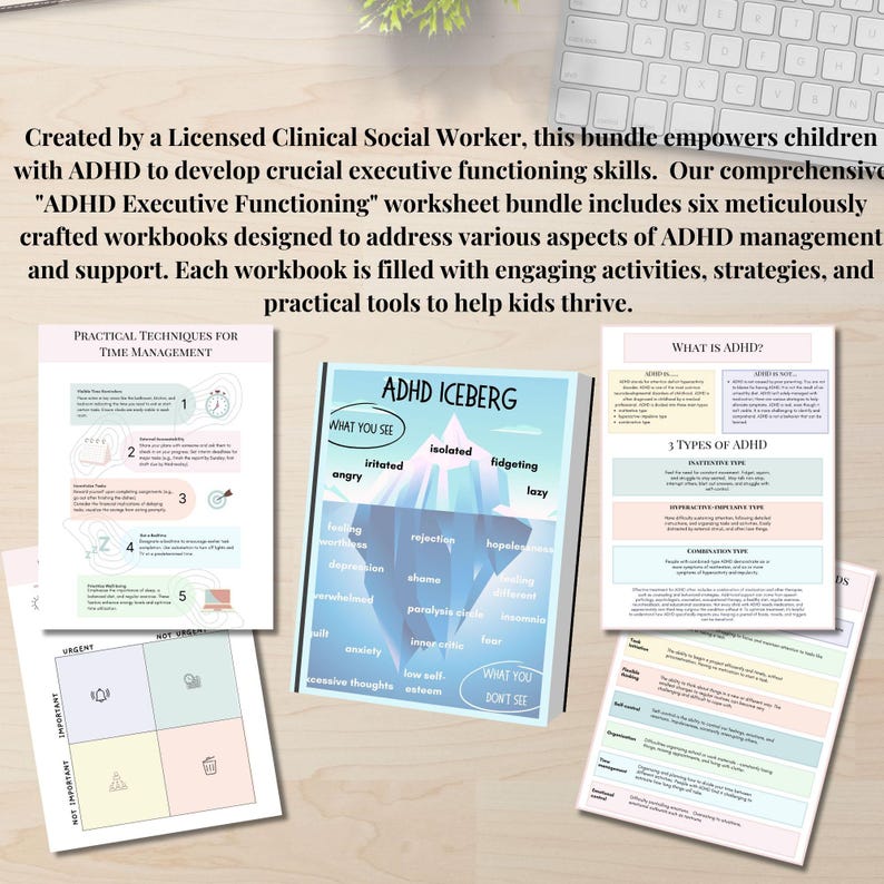 May include: A set of printable worksheets for children with ADHD. The worksheets focus on time management, executive functioning, and understanding ADHD. The worksheets feature colorful illustrations and text.