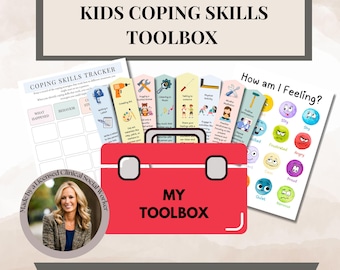 May include: A red toolbox with the words "My Toolbox" on the front. The toolbox is surrounded by colorful bookmarks with coping skills for kids. The bookmarks include activities like creating art, listening to music, and taking breaks. There is also a chart for tracking coping skills and a chart with different emotions and faces.