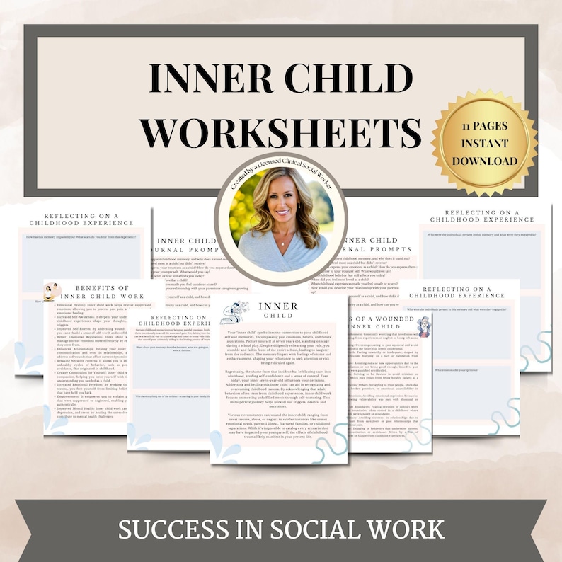 May include: A set of printable worksheets for inner child work. The worksheets are designed to help people reflect on their childhood experiences and heal from past wounds. The worksheets are in black and white with blue and pink accents. The title of the worksheets is "Inner Child Worksheets".