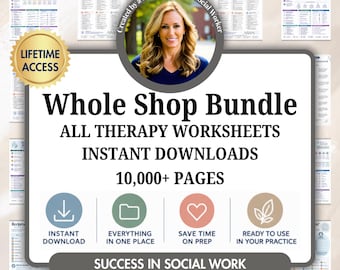 Whole shop therapy worksheet bundle, Complete Shop Bundle,Anxiety, depression, trauma, PTSD, CBT, family,couples,self-worth,self-esteem,sfbt