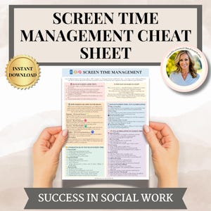 May include: A screen time management cheat sheet with the text "Screen Time Management Cheat Sheet" at the top. The sheet includes sections on screen addiction, brain effects, and fun alternatives. A gold seal reads "Instant Download".