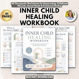 Puede incluir: Un cuaderno de ejercicios para sanar al niño interior con 60 fichas terapéuticas. La portada muestra un gráfico de arco con un sol, el texto Inner Child Healing Workbook e iconos para sanar heridas, identificar patrones y generar confianza.