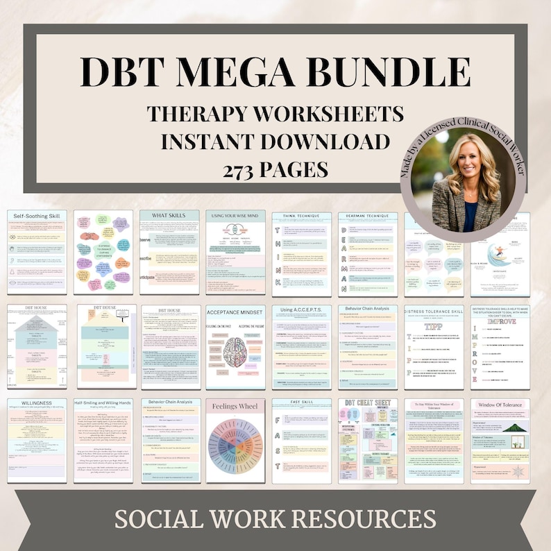May include: A digital download of 273 pages of DBT therapy worksheets. The worksheets are organized into categories such as self-soothing skills, what skills, using your wise mind, acceptance mindset, distress tolerance skills, and more. The worksheets are designed to help people learn and practice DBT skills.
