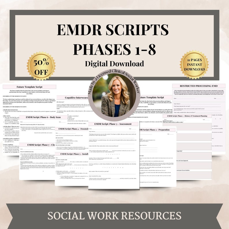 May include: A digital download of 11 printable pages of EMDR scripts for phases 1-8. The scripts are made by a licensed clinical social worker. The image also includes a 50% off sale and a graphic of a woman.