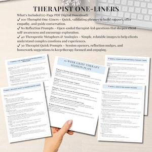 May include: A collection of therapy resources, including a 17-page PDF digital download, with the title "THERAPIST ONE-LINERS." The image shows several printed pages with text, including "10-WEEK GRIEF THERAPY SESSION PLAN" and "Reflection Prompts."