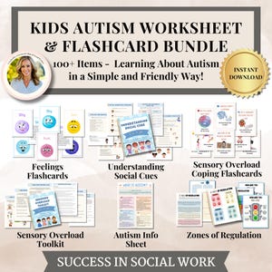 May include: A bundle of educational materials for children with autism, including flashcards and worksheets. The image features the text "KIDS AUTISM WORKSHEET & FLASHCARD BUNDLE" and "100+ Items - Learning About Autism in a Simple and Friendly Way!"