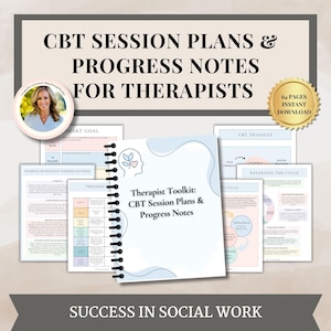 May include: A digital download of a therapist toolkit for CBT session plans and progress notes. The cover features a blue and white design with a brain icon and the text "Therapist Toolkit: CBT Session Plans & Progress Notes".