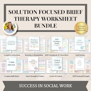 Mega paquete de terapia centrada en soluciones, salud mental, hojas de trabajo de SFBT, objetivos, hojas de trabajo de terapia SFBT, hoja de referencia de terapia breve centrada en soluciones