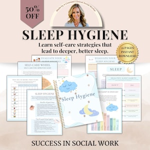 Puede incluir: Una colección de guías y hojas de trabajo imprimibles sobre higiene del sueño. El cuaderno central presenta un diseño de nube y luna azules con las palabras "Sleep Hygiene". La imagen incluye un banner "50% DE DESCUENTO" y el texto "21 PÁGINAS DESCARGA INSTANTÁNEA."