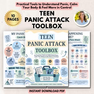 May include: A 10-page Teen Panic Attack Toolbox PDF document featuring educational charts, diagrams, and illustrations. The cover displays a blue toolbox graphic with text, while side pages outline panic triggers, symptoms, and coping strategies.