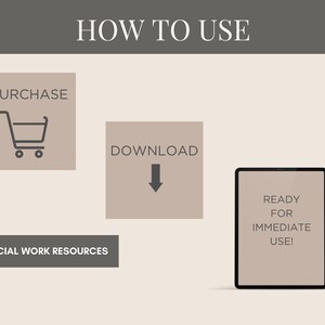 May include: A graphic showing how to use social work resources. The graphic shows a shopping cart icon, a download arrow, and a tablet with the text "Ready for Immediate Use!"